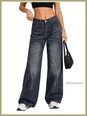 High Waisted Baggy Wide Leg Jeans Cotton Blend